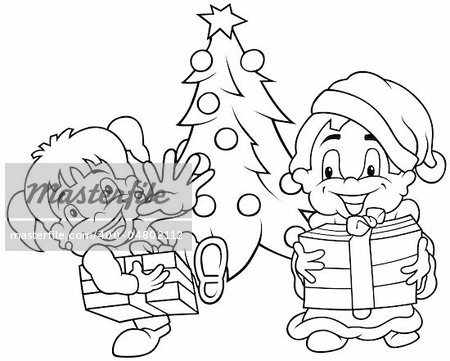 Children Christmas - Black and White Cartoon illustration, Vector