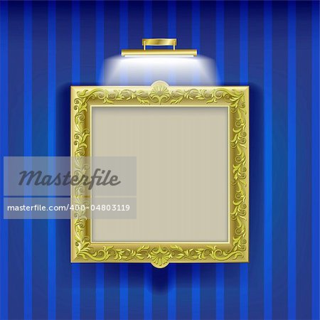 golden square frame with spotlight on blue wallpaper