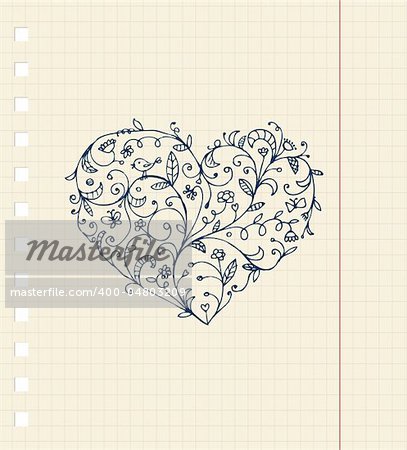 Sketch of floral heart ornament on notebook sheet