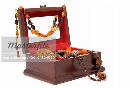 Bijouterie in the jewelry casket, isolated on white background