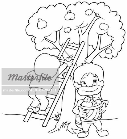 Children's Harvesting Fruits - Black and White Cartoon illustration, Vector