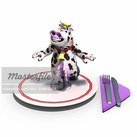 cute and funny toon cow served on a dish as a meal. 3D rendering with clipping path and shadow over white
