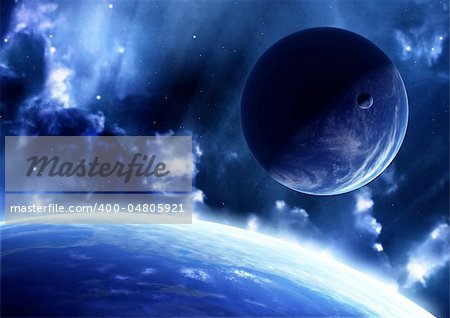 A beautiful space scene with planets and nebula