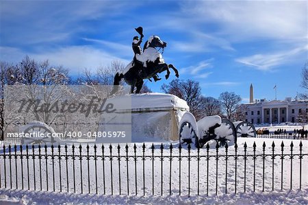 Andrew Jackson Statue Canons President's Park Lafayette Square White House After Snow Washington DC 1850 Clark Mills Sculptor