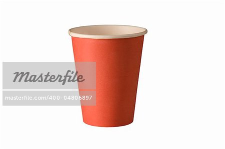 front view of red recycling paper glass on white background