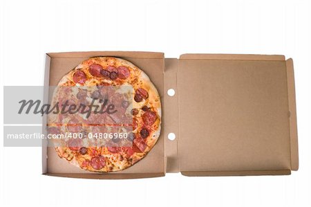 spicy pizza on cardboard box with white background