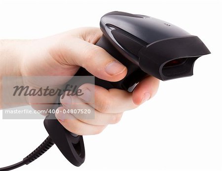 Bar code reader (scanner) in man hand isolated on white background