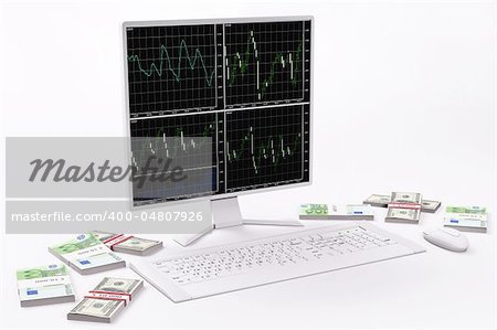 White LCD with forex charts,keyboard,mouse, dollars and euros 3d