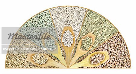 Collage of dried lentils, peas, soybeans, beans with wooden spoon