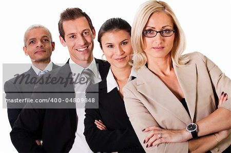 Business team in a row. Isolated on white. Focus on second woman