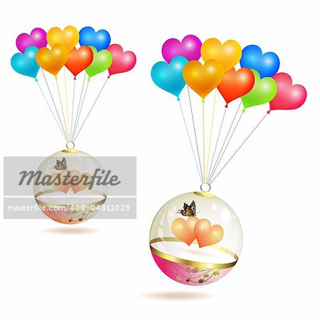 Glass globes with hearts raised by balloons for Valentine's day, isolated on white background