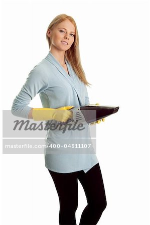 Cheerful woman with handheld vacuum cleaner. Isolated on white