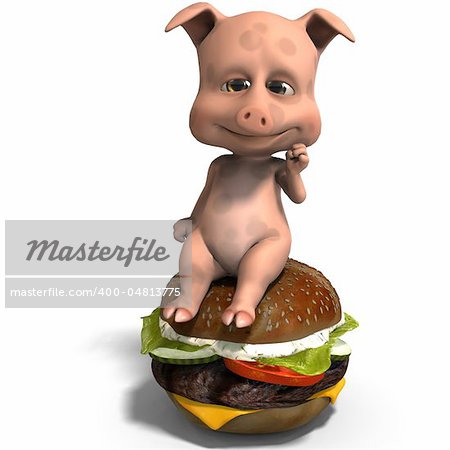 cute and funny toon pig served as a meal. 3D rendering with clipping path and shadow over white