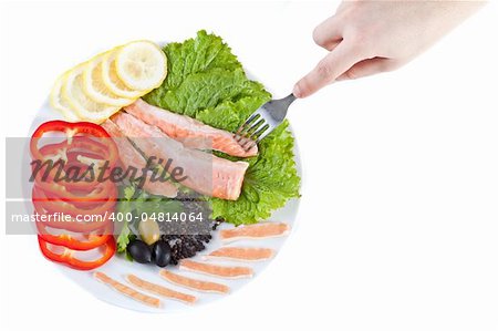 tasting red fish with vegetables on white background