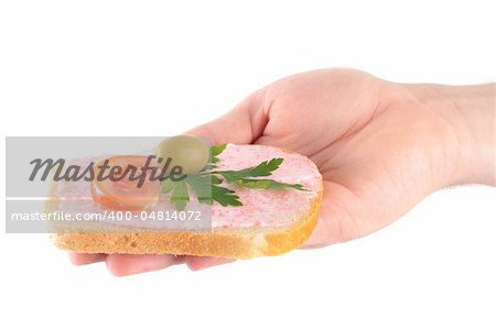 hand holding toast with fish caviar cream isolated