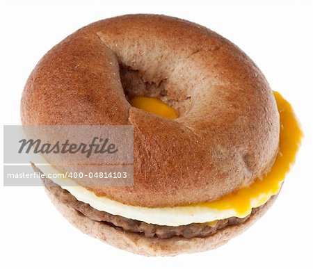 Sausage, Egg and Cheese Breakfast Bagel Isolated on White with a Clipping Path.