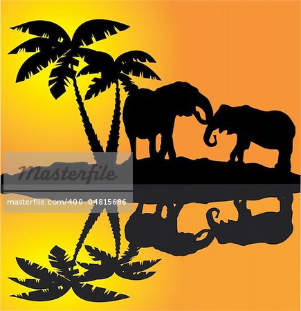 vector illustration of african landscape with two elephants