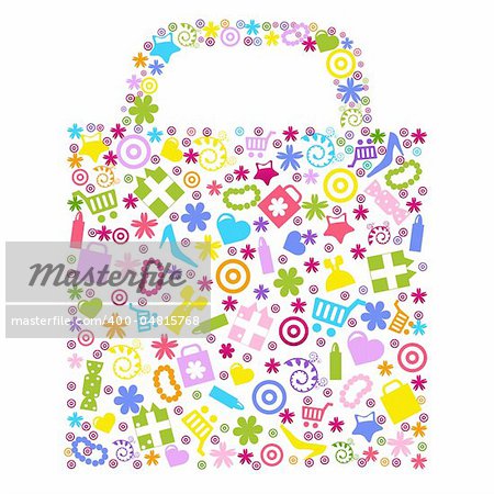 Bag For Shopping With Icons, Isolated On White Background, Vector Illustration