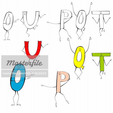 Set of cartoon style letters U, O, P, Q, T