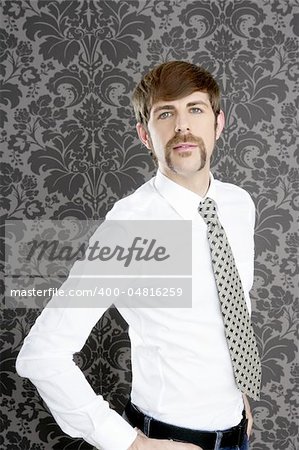 businessman retro mustache over gray wallpaper tie and shirt