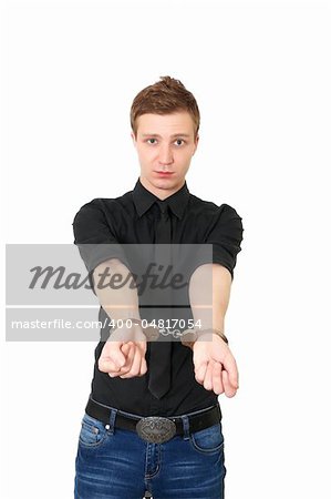 Man in handcuffs isolated on white background