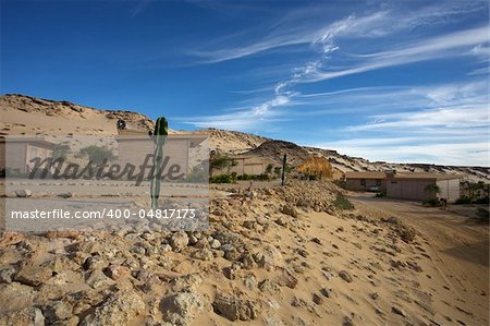 Coast of Southern Morocco with the Atlantic Ocean and a few bungalows with the desert all around