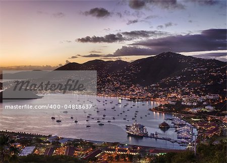 Aerial view of Charlotte Amalie Harbour in St Thomas at sunset