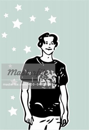 Fashion young smiling man in t-shirt on blue background silhouette