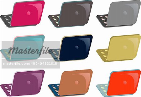 Colored laptop, notebooks icons set, web buttons, emblem