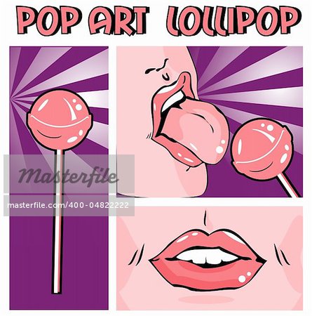 Woman eating lollipop. Licking. Lips Design elements