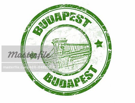 Green grunge rubber stamp with Chain bridge shape and the name of Budapest the capital of Hungary written inside