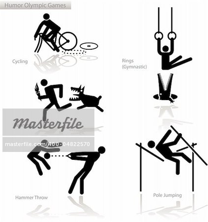 Olympic games see through an humor point of view. Set 1  in detail: Cycling, Rings (Gymnastic), Running (Torchbearer), Pole Vault, Hammer Throw