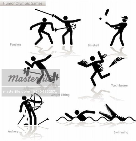 Olympic games see through an humor point of view. Set 2.  In detail: Fencing, Baseball, Weight Lifting, Torchbearer, Swimming, Archery