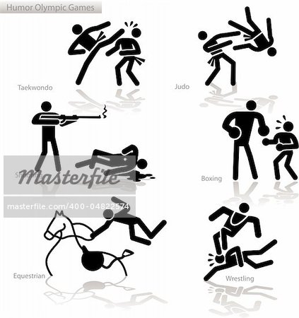 Olympic games see through an humor point of view. Set 4.  In detail: Tae Kwon Do, Judo, shooting, Boxing, Equestrian, Wrestling