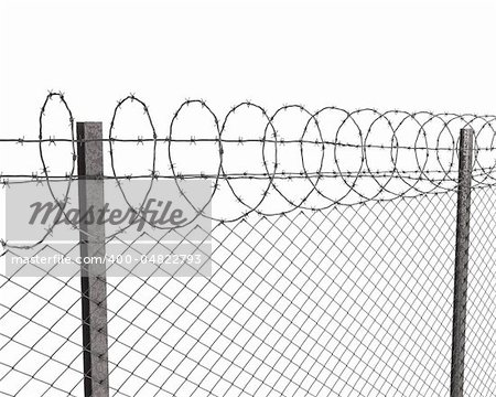 Chainlink fence with barbed wire on top  isolated on white background