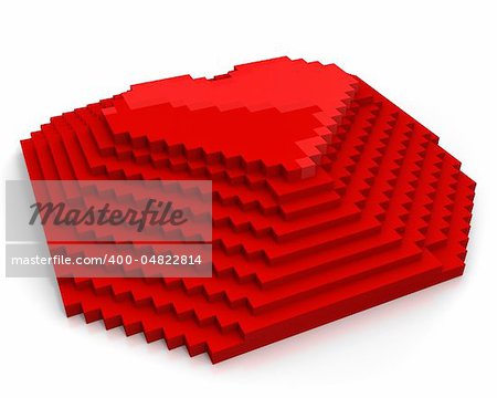 Pyramid with heart on top made of red cubic pixels isolated on white background,diagonal view