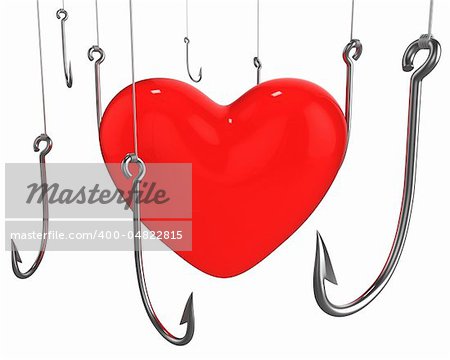 Many hooks trying to catch red heart isolated on white background