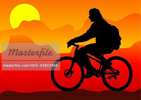 Vector drawing silhouette of a cyclist boy in mountain