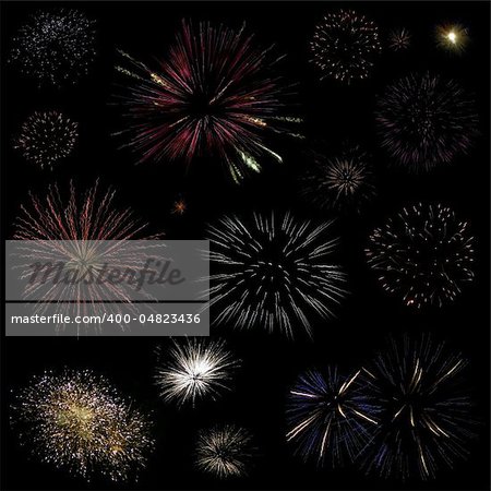 Collection of different firework bursts isolated on black background