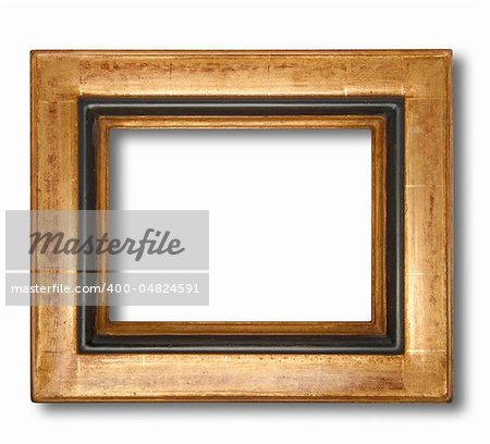 Picture frame in gold leaf with beveled center, isolated with shadow and clipping path