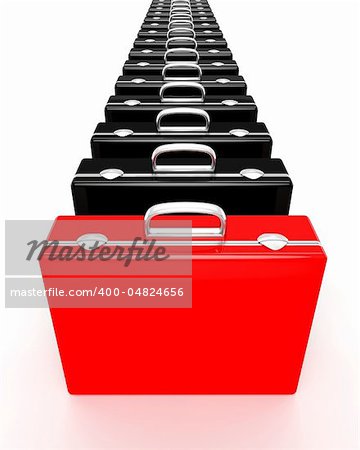 A single red briefcase in a group of black briefcases