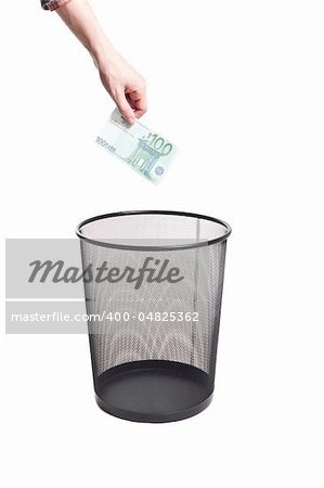 hand gold euro to trash can isolated