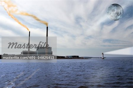 smoke rising from a power generating station with lighthouse beams and full moon at night