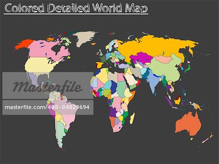 colored detailed world map, abstract vector art illustration