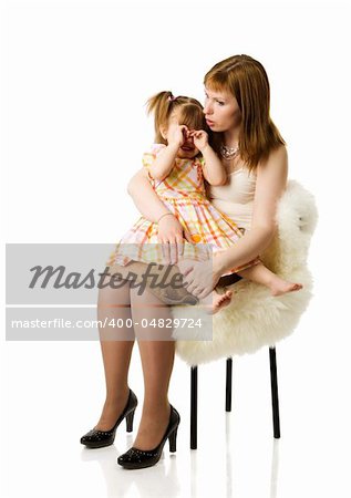 Daughter crying sitting on mother's hands isolated on white