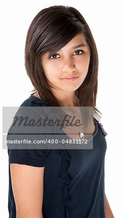 Cute hispanic teenage girl looking casual on white background