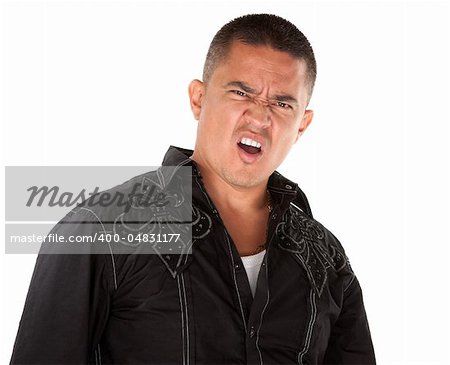 Annoyed middle-aged Hispanic man on white background