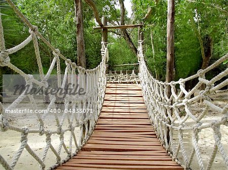 Adventure wooden rope suspension bridge in jungle rainforest