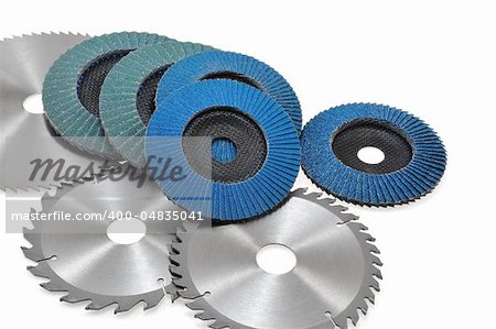 Circular saw blades and abrasive disks  isolated on white