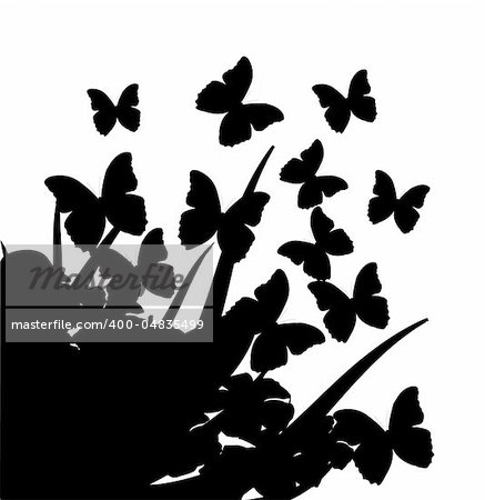Illustration with silhouettes of butterflies, flowers and grass